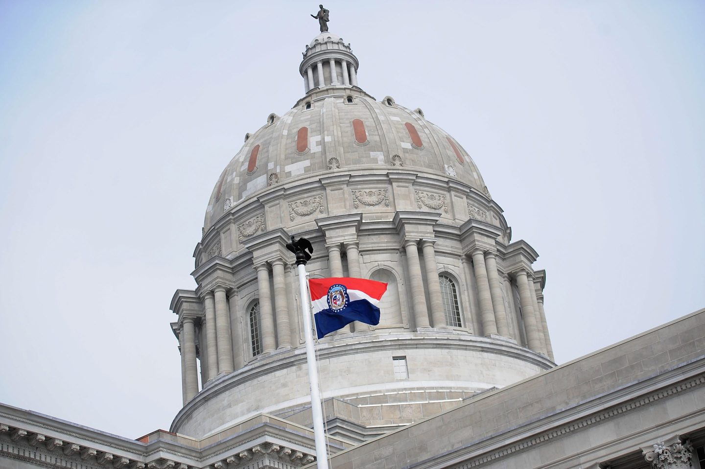 JEFFERSON CITY, MO &#8211; JANUARY 17: The Missouri state flag is seen flying outside the Missouri State Capitol Building on January 17, 2021 in Jefferson City, Missouri. Supporters of President Donald Trump gathered at state capitol buildings throughout the nation today to protest the presidential election results and the upcoming inauguration of President-elect Joe Biden.  (Photo by Michael B. Thomas/Getty Images)