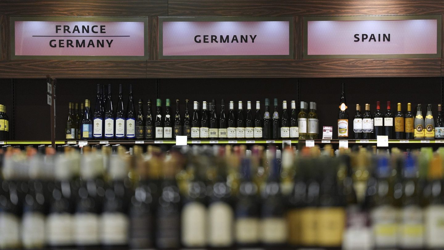 Shown is a display of French Germany and Spanish wines at a Pennsylvania Fine Wine &amp; Good Spirits in Flourtown, Pa., Thursday, March 13, 2025. (AP Photo/Matt Rourke)