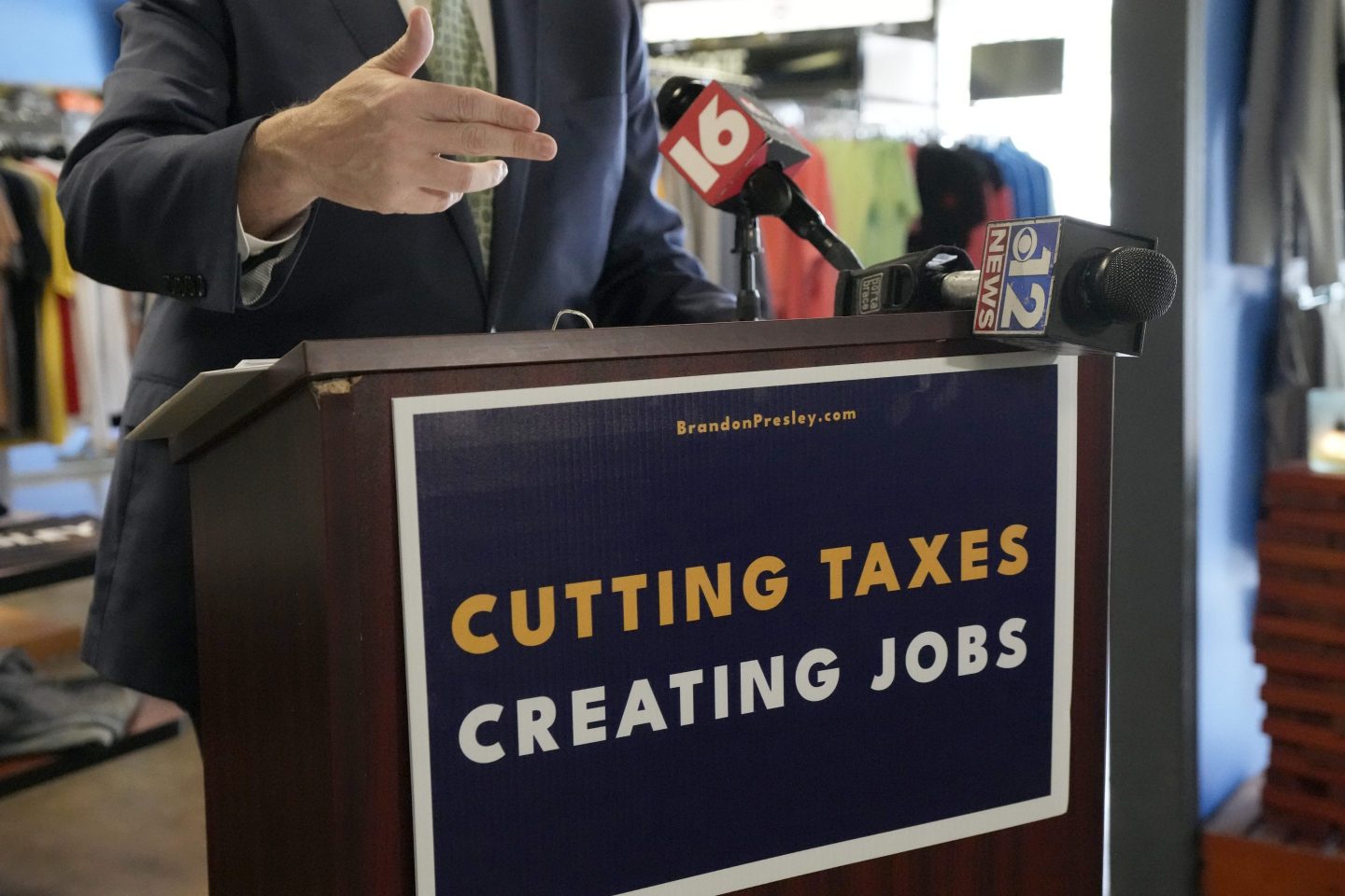 FILE &#8211; Northern District Public Service Commissioner Brandon Presley, the Democratic nominee for Mississippi governor, gives a news conference, June 22, 2023, at a locally owned clothing store in Jackson, Miss. (AP Photo/Rogelio V. Solis, File)