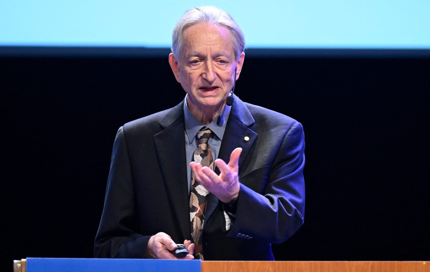 Geoffrey Hinton delivers his Nobel Prize lecture in Stockholm on Dec. 8, 2024.