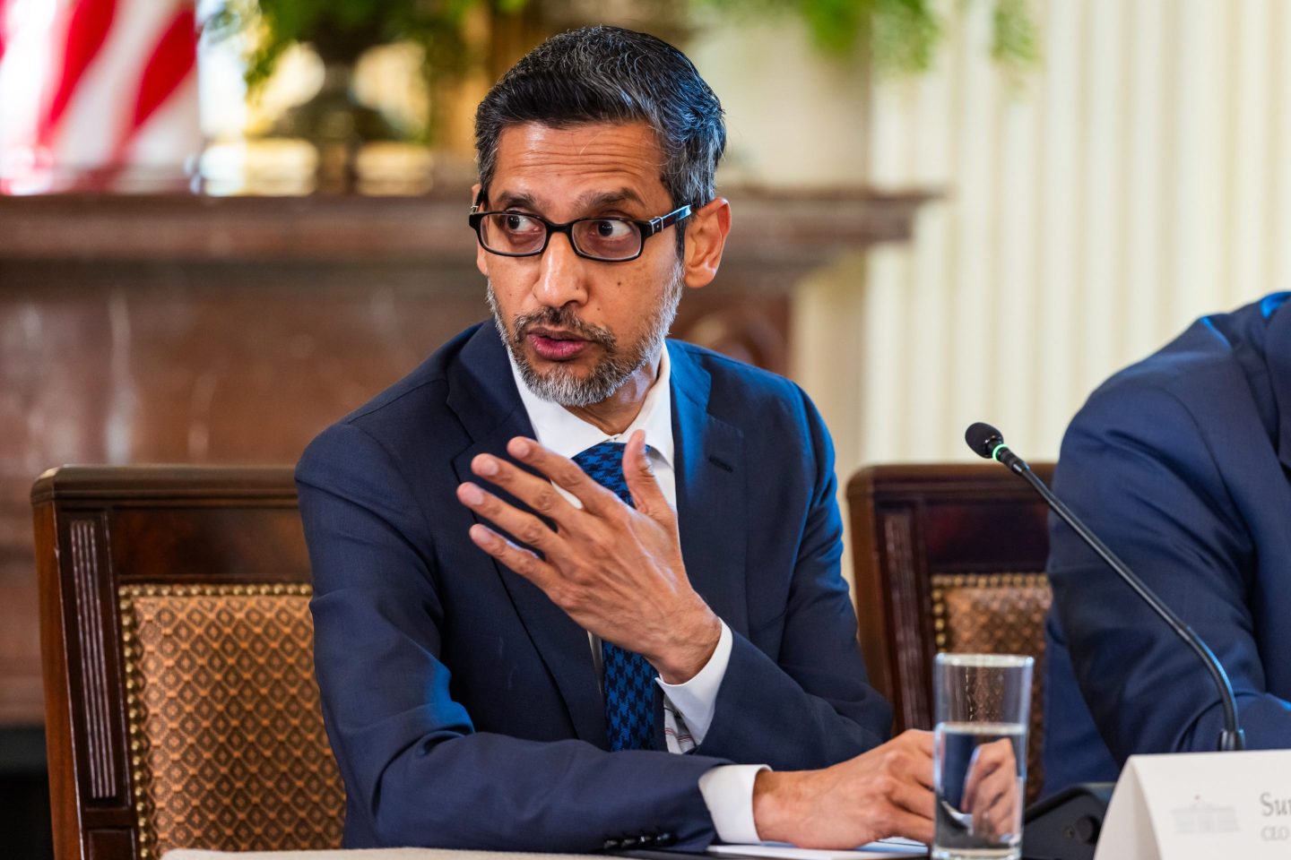 Sundar Pichai, chief executive officer of Alphabet Inc., speaks during a meeting of the White House Task Force on AI Education in the East Room of the White House in Washington, DC, US, on Thursday, Sept. 4, 2025. The White House has been actively promoting artificial intelligence and domestic manufacturing, with recent announcements including a plan to reduce regulation of artificial intelligence and support for leading AI chipmakers. Photographer: Jim Lo Scalzo/EPA/Bloomberg via Getty Images