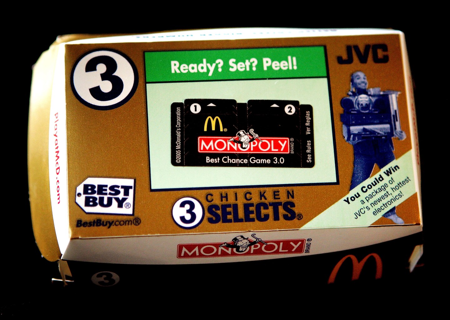 A McDonald’s chicken selects package with Monopoly game tickets