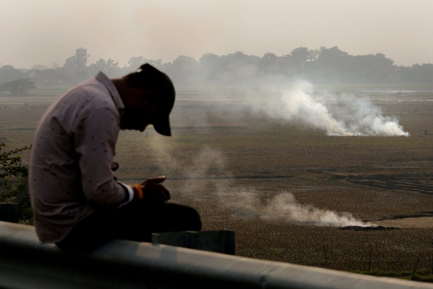A person checks his mobile phone as farmers burn crop residue after harvest near Bundelkhand expressway in India, on Nov. 17, 2024.