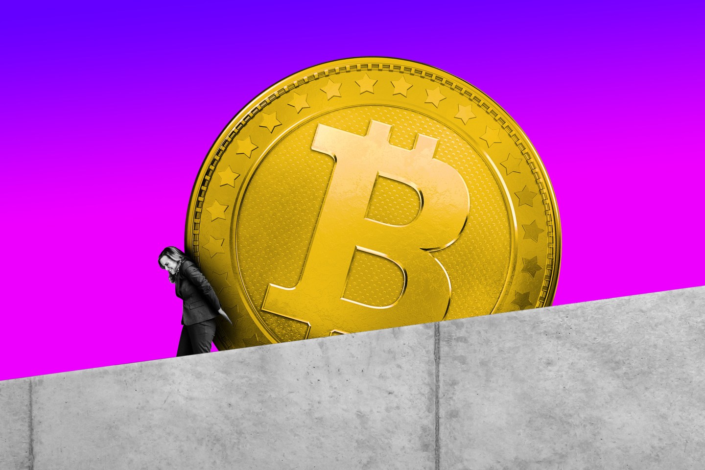 Photo illustration by Fortune; original photos by Getty Images<br />
A businesswoman attempts to push Bitcoin up a sloped ramp.