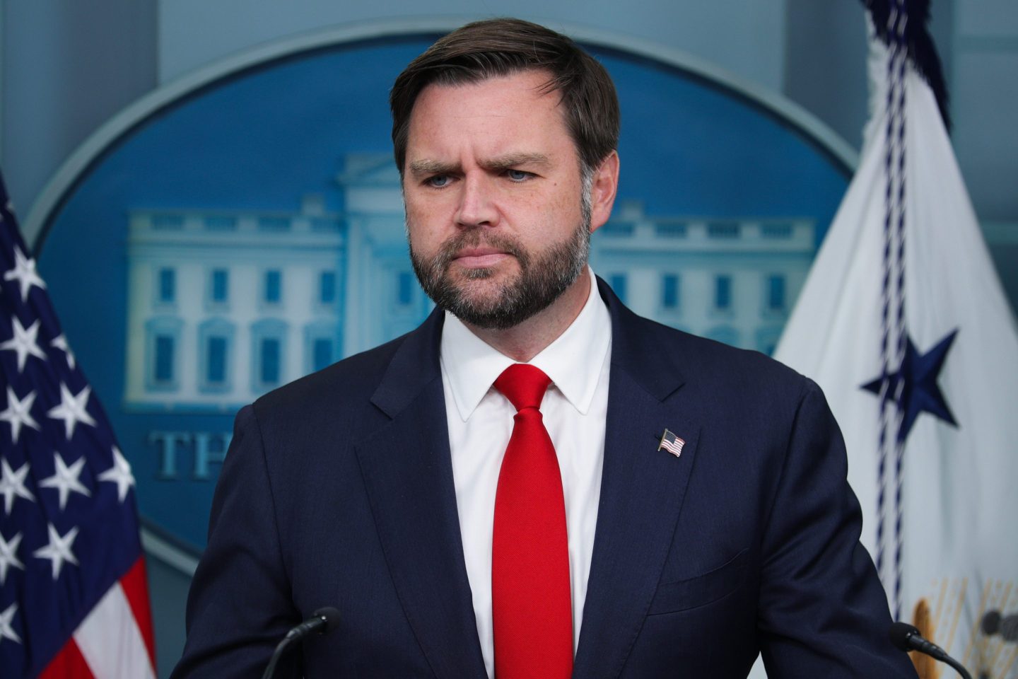 WASHINGTON, DC &#8211; OCTOBER 01: U.S. Vice President JD Vance takes questions from reporters during the daily press briefing in the Brady Press Briefing Room at the White House on October 01, 2025 in Washington, DC. Vance joined White House Press Secretary Karoline Leavitt to discuss the federal government shutdown, after Congress and the White House failed to reach a funding deal by the October 1 deadline and halted U.S. government services for the first time in nearly seven years. (Photo by Alex Wong/Getty Images)