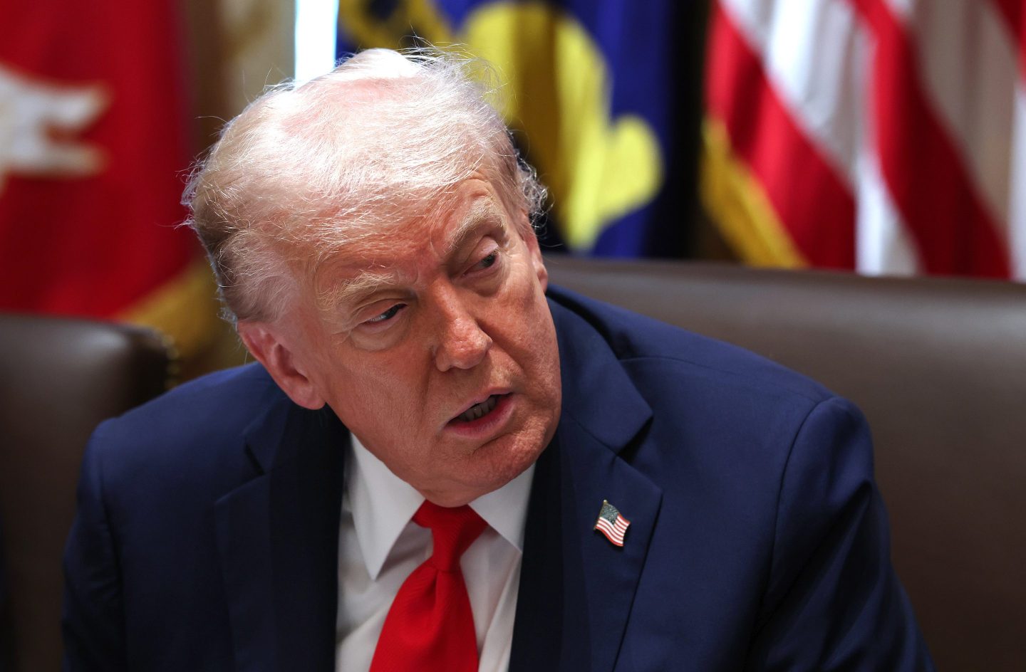 WASHINGTON, DC &#8211; OCTOBER 09: U.S. President Donald Trump speaks during a Cabinet meeting at the White House on October 09, 2025 in Washington, DC. Trump spoke on the Israel and Hamas ceasefire and hostage deal saying the hostages may be released next week. (Photo by Anna Moneymaker/Getty Images)