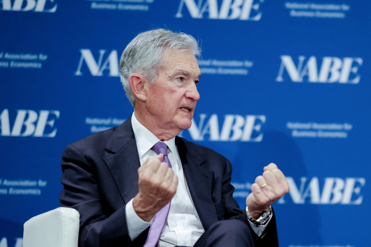 Jerome Powell, chairman of the US Federal Reserve, during the National Association of Business Economics (NABE) annual meeting in Philadelphia, Pennsylvania, US, on Tuesday, Oct. 14, 2025.
